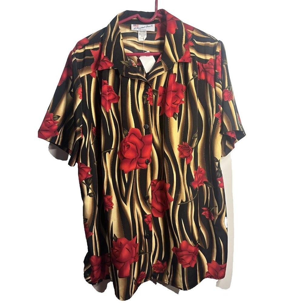 NEW personal touch short sleeve gold black rose button up shirt plus size 1X USA
